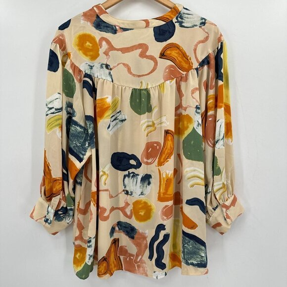 Entro Tan Floral Balloon Long Sleeve Button Front Relaxed Boho XL Blouse NWT - Picture 8 of 10